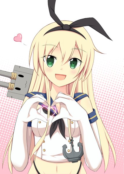 Anime picture 2551x3579 with kantai collection shimakaze destroyer rensouhou-chan anna sakura single long hair tall image looking at viewer blush highres open mouth blonde hair green eyes heart hands girl gloves bow hair bow elbow gloves heart