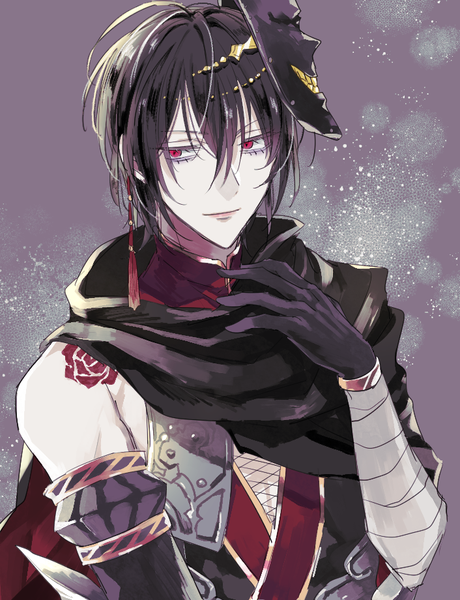 Anime picture 706x920 with icchibanketsu momochi tanba royu (9xrry) single tall image fringe short hair black hair simple background hair between eyes red eyes bare shoulders looking away upper body tattoo purple background mask on head boy gloves black gloves