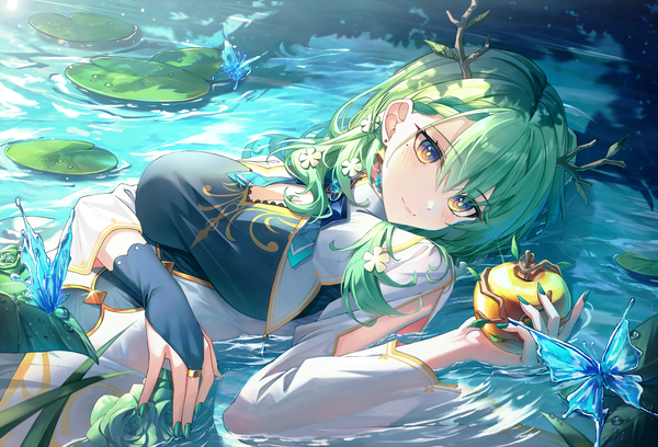 Anime picture 3446x2345 with virtual youtuber hololive hololive english ceres fauna ceres fauna (1st costume) star-ring single long hair looking at viewer blush fringe highres breasts hair between eyes holding yellow eyes absurdres outdoors lying nail polish