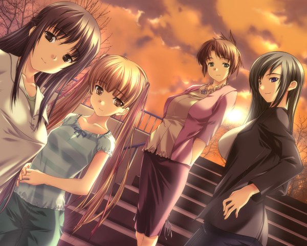 Anime picture 1280x1024 with ringetsu selen hizuki mitsuna hizuki shino hizuki ayumi hizuki yuiko kawagishi keitarou long hair looking at viewer fringe short hair blonde hair brown hair standing twintails purple eyes multiple girls brown eyes green eyes purple hair