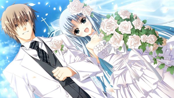 Anime picture 1280x720 with himawari no kyoukai to nagai natsuyasumi nonohara hinazakura ashitaba yousuke motoyon long hair blush short hair open mouth blue eyes blonde hair smile wide image bare shoulders brown eyes blue hair game cg sky hair flower girl dress