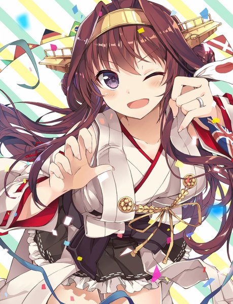 Anime picture 766x1000 with kantai collection kongou battleship myuton single long hair tall image blush fringe open mouth hair between eyes brown hair purple eyes ahoge traditional clothes :d japanese clothes one eye closed fingernails wink wide sleeves