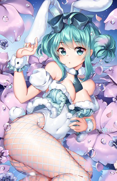 Anime picture 809x1250 with vocaloid hatsune miku bicute bunnies miku squchan single tall image looking at viewer blush short hair breasts light erotic bare shoulders signed animal ears payot ahoge bent knee (knees) ass tail lying