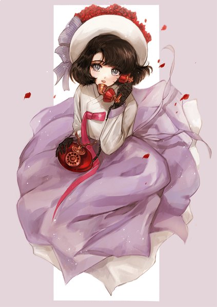 Anime picture 1058x1500 with original pagaraga single tall image fringe short hair simple background brown hair sitting holding full body long sleeves traditional clothes parted lips from above lips grey eyes lipstick looking up red lipstick