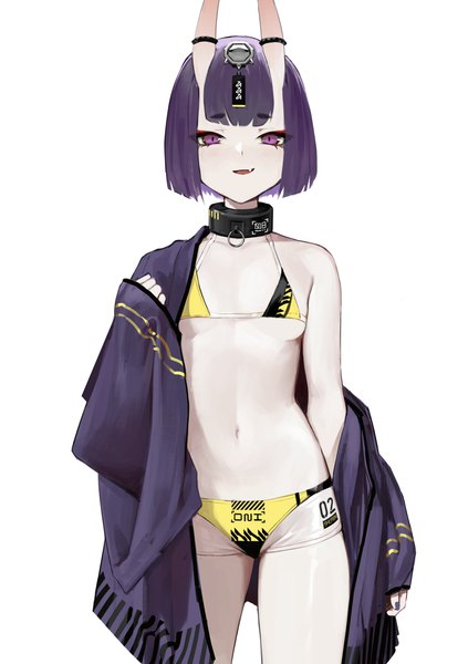 Anime picture 2171x3082 with fate (series) fate/grand order shuten douji (fate) vertigris single tall image looking at viewer blush fringe highres short hair breasts open mouth light erotic simple background smile standing white background purple eyes bare shoulders