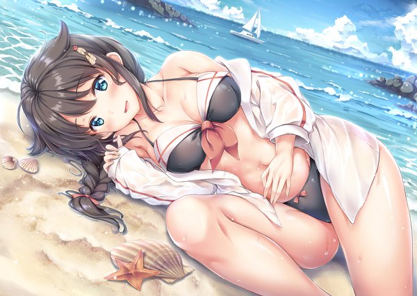 Anime picture 1200x850 with kantai collection shigure destroyer shirakawako single long hair looking at viewer blush fringe breasts open mouth blue eyes light erotic black hair hair between eyes sky cleavage cloud (clouds) outdoors lying braid (braids)