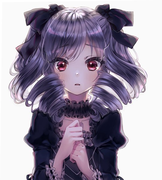 Anime picture 1443x1600 with idolmaster idolmaster cinderella girls kanzaki ranko ayame (3103942) single long hair tall image looking at viewer blush simple background red eyes white background twintails purple hair upper body drill hair cute girl dress bow