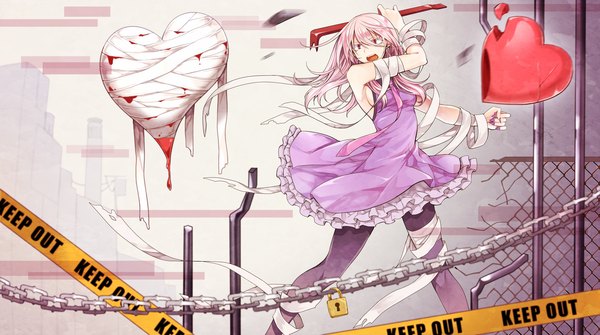 Anime picture 2000x1119 with utau gahata mage toudou charo single long hair highres open mouth red eyes wide image pink hair girl dress heart blood chain bandage (bandages) sundress lock caution tape
