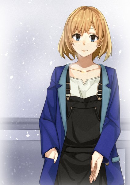 Anime picture 2894x4093 with shirobako p.a. works miyamori aoi kanmiya shinobu single tall image fringe highres short hair blue eyes blonde hair standing looking away light smile grey background hand in pocket girl petals overalls