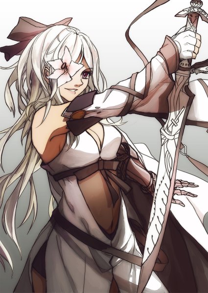 Anime picture 1280x1807 with drakengard zero (drag-on dragoon) reema and single long hair tall image fringe breasts large breasts standing cleavage white hair wind hair over one eye grey background outstretched arm underbust flower over eye girl dress