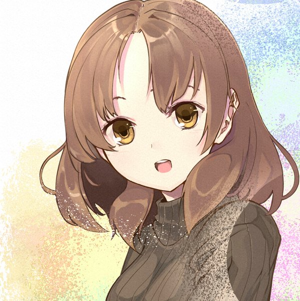 Anime picture 1716x1721 with original furukawa itsuse single tall image looking at viewer fringe highres short hair open mouth brown hair brown eyes yellow eyes sparkle happy close-up girl sweater