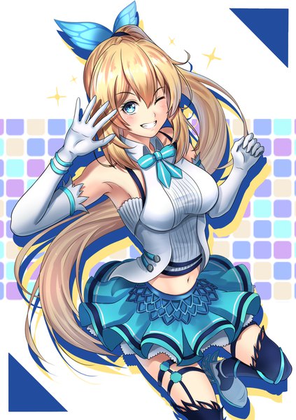 Anime picture 1162x1650 with virtual youtuber mirai akari project mirai akari shsh33 single long hair tall image looking at viewer blush fringe breasts blue eyes blonde hair simple background smile hair between eyes payot ponytail one eye closed wink