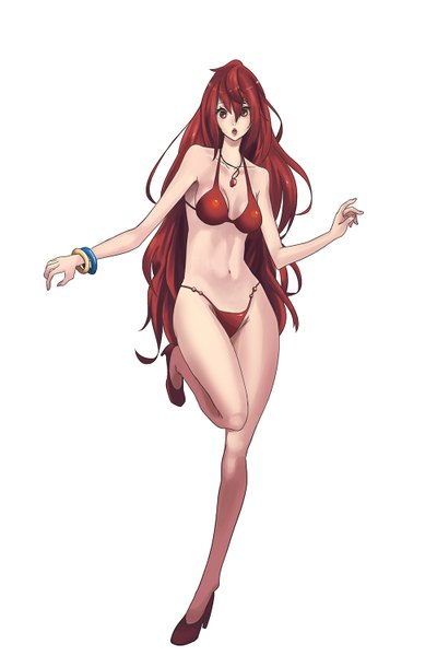 Anime picture 1000x1500 with original soya (torga) single long hair tall image looking at viewer highres breasts open mouth light erotic simple background red eyes white background bare shoulders red hair leg lift (legs lift) girl navel swimsuit bikini