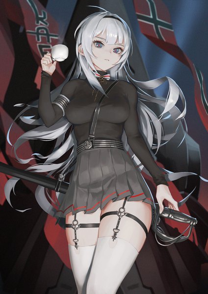 Anime picture 1240x1754 with azur lane mainz (azur lane) inferno (pixiv) single long hair tall image looking at viewer fringe breasts blue eyes standing holding payot silver hair long sleeves parted lips pleated skirt arm up from below sheathed