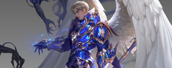 Anime picture 3840x1536 with mu origin taekwon kim single looking at viewer highres short hair blonde hair wide image holding brown eyes profile lips realistic grey background gradient background white wings demon cropped boy weapon