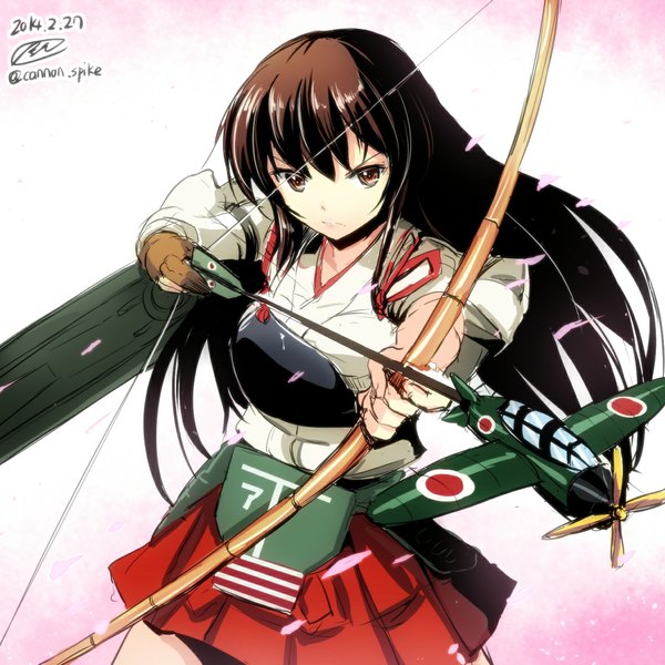 Anime picture 1178x1178 with kantai collection akagi aircraft carrier gin'ichi (akacia) single long hair looking at viewer brown hair brown eyes signed traditional clothes japanese clothes girl skirt weapon miniskirt petals armor single glove bow (weapon) arrow (arrows)
