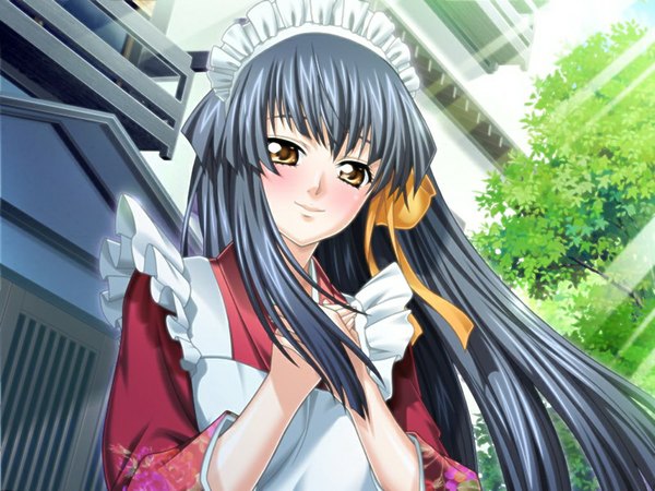 Anime picture 1024x768 with haruiro communication kamiyama tsubaki long hair blush black hair yellow eyes game cg maid girl