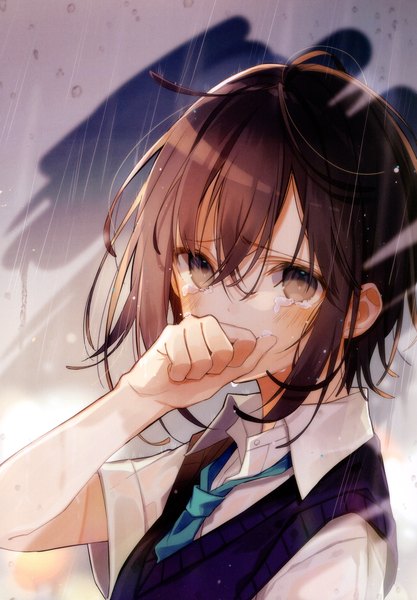 Anime picture 3208x4619 with original oshio (dayo) single tall image looking at viewer blush fringe highres short hair simple background hair between eyes brown hair brown eyes absurdres upper body ahoge scan short sleeves tears rain
