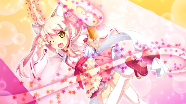 Anime picture 1024x576 with legend seven (game) long hair open mouth wide image twintails animal ears yellow eyes pink hair game cg ahoge girl thighhighs white thighhighs star (symbol)