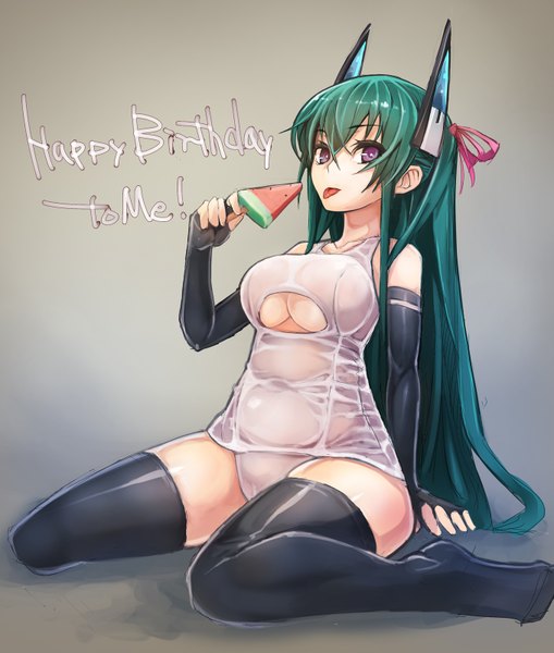 Anime picture 1358x1600 with original menou kaname taishi (picchiridou) single long hair tall image looking at viewer blush breasts light erotic smile sitting purple eyes bare shoulders green hair :p happy birthday girl thighhighs gloves