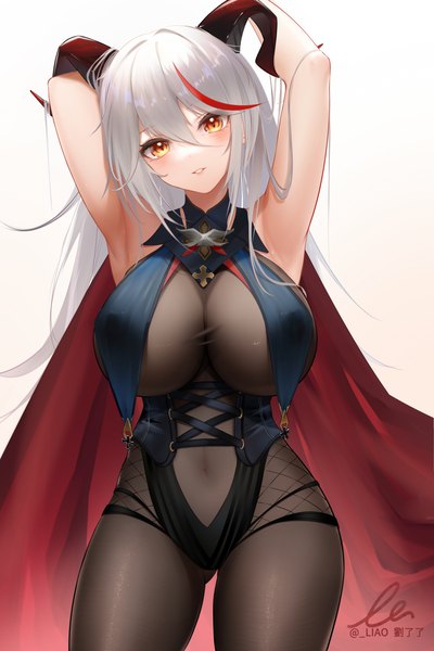 Anime picture 3888x5832 with azur lane aegir (azur lane) liu liaoliao single long hair tall image looking at viewer blush fringe highres breasts light erotic simple background smile hair between eyes large breasts standing signed payot absurdres