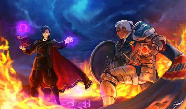 Anime picture 4096x2405 with fire emblem fire emblem: three houses nintendo hubert von vestra dedue molinaro sethkiel fringe highres short hair blue eyes black hair smile wide image standing green eyes signed looking away absurdres cloud (clouds) outdoors