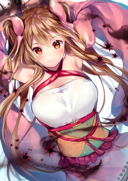 Anime picture 1075x1518 with sennen sensou aigis junon (sennen sensou aigis) cocoa (cafe-hotcocoa) single long hair tall image looking at viewer blush fringe breasts simple background smile hair between eyes red eyes brown hair white background arms up armpit (armpits) two side up dutch angle