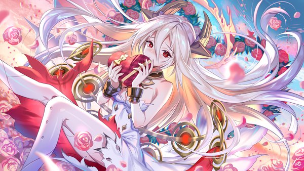 Anime picture 2000x1125 with alchemy stars uriel (alchemy stars) midori foo single looking at viewer blush fringe highres hair between eyes red eyes wide image silver hair very long hair wind official art valentine girl dress flower (flowers) white dress