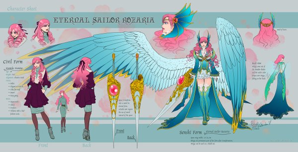 Anime picture 1280x659 with bishoujo senshi sailor moon original toei animation eternal sailor rozaria valendra (artist) long hair fringe blue eyes wide image standing pink hair profile aqua eyes from behind inscription wavy hair angel wings parody multiple persona character sheet