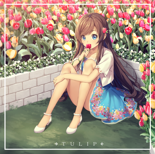 Anime picture 850x846 with original kim bae-eo single long hair looking at viewer blush fringe blue eyes light erotic brown hair sitting holding payot full body bent knee (knees) hair flower short sleeves text floral print english