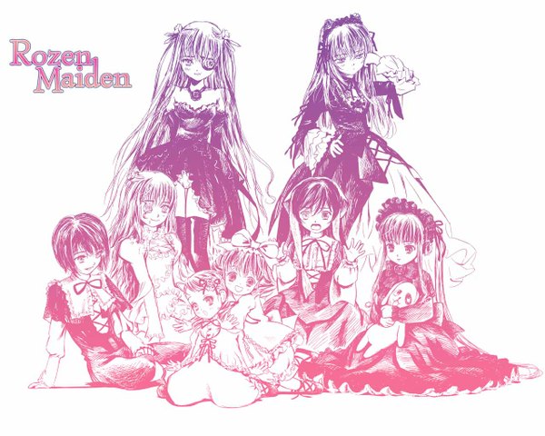 Anime picture 1280x1024 with rozen maiden suigintou shinku suiseiseki souseiseki hina ichigo kirakishou barasuishou kanaria long hair short hair open mouth smile bare shoulders multiple girls loli copyright name heterochromia monochrome 6+ girls