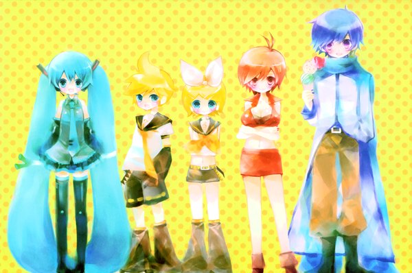 Anime picture 6061x4023 with vocaloid hatsune miku kagamine rin kagamine len kaito (vocaloid) meiko long hair blush highres short hair open mouth blue eyes simple background blonde hair red eyes twintails multiple girls green eyes blue hair absurdres