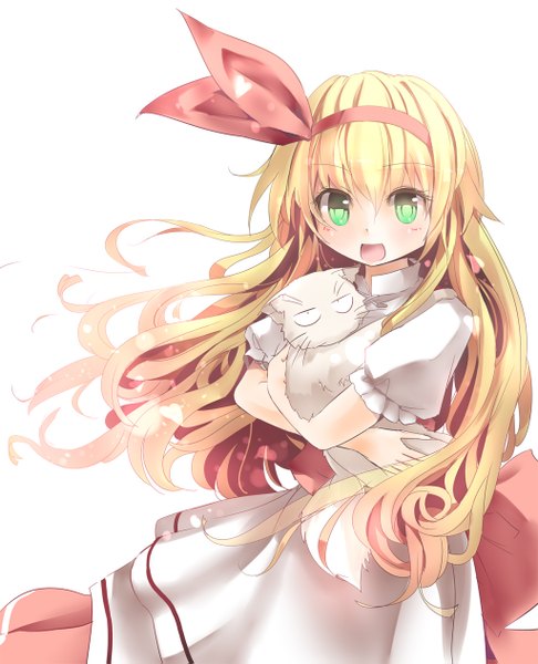 Anime picture 1024x1263 with touhou ellen sokrates (touhou) culter single long hair tall image blush open mouth blonde hair simple background white background green eyes girl dress cat