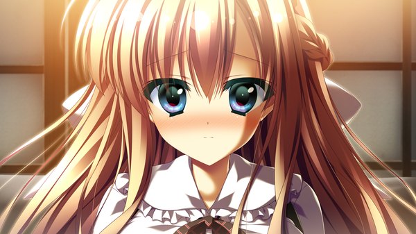 Anime picture 1280x720 with 12 no tsuki no eve unahara yuki single long hair looking at viewer blush blue eyes blonde hair wide image game cg girl dress