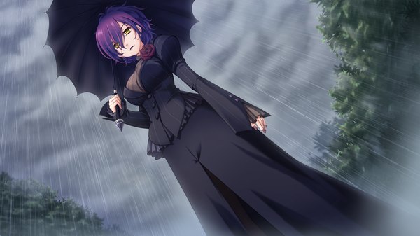 Anime picture 1280x720 with astraythem ginta single short hair wide image yellow eyes game cg purple hair rain girl dress umbrella