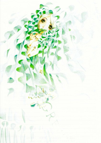 Аниме картинка 2113x3000 с hayasida kumiko один (одна) высокое изображение высокое разрешение светлые волосы жёлтые глаза девушка лист (листья) ювелирные украшения вуаль