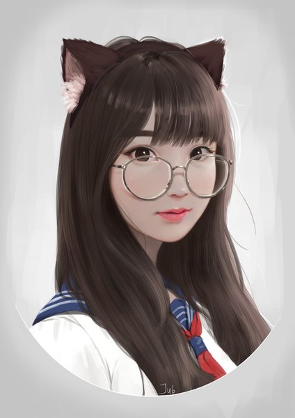 イラスト 2480x3508 と real life 张雅麗 jubi (regiana) ソロ 長髪 長身像 カメラ目線 前髪 highres 黒髪 simple background signed 獣耳 blunt bangs black eyes 猫耳 realistic grey background lipstick portrait