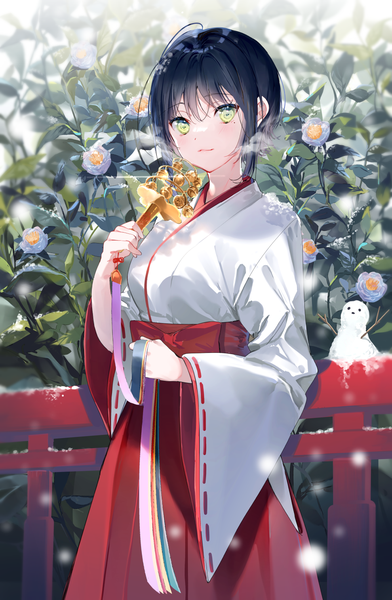Anime picture 970x1486 with original miwano rag single tall image looking at viewer blush fringe short hair black hair smile hair between eyes standing holding green eyes payot outdoors ponytail traditional clothes japanese clothes mole