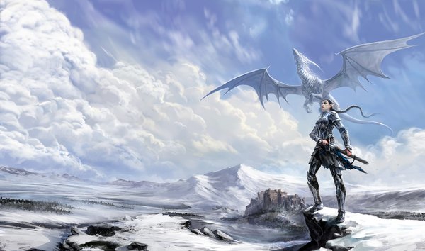 Anime picture 1860x1100 with anndr (artist) long hair highres black hair wide image sky cloud (clouds) braid (braids) wind pointy ears city single braid winter snow elf rock girl weapon sword tree (trees)