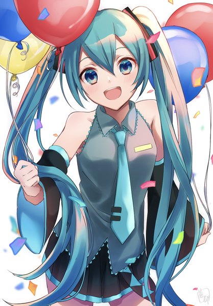 Anime picture 1113x1600 with vocaloid hatsune miku aomiya single long hair tall image looking at viewer fringe open mouth hair between eyes twintails :d aqua eyes aqua hair girl detached sleeves necktie balloon confetti