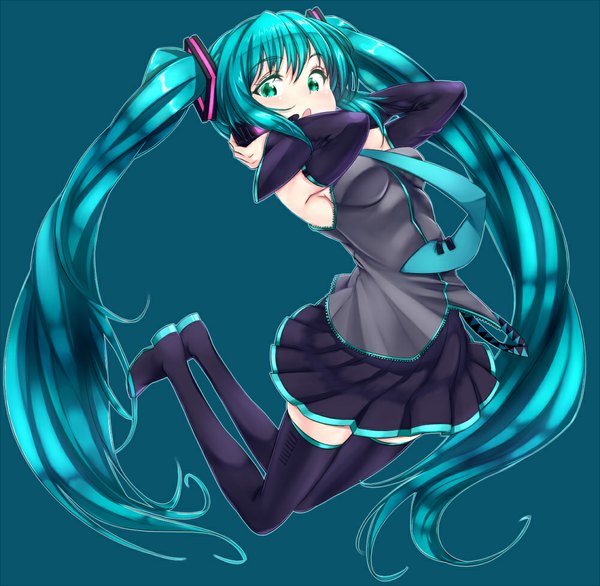 Anime picture 1000x978 with vocaloid hatsune miku zizi (zz22) single looking at viewer open mouth simple background twintails very long hair pleated skirt aqua eyes aqua hair blue background girl skirt detached sleeves necktie thigh boots