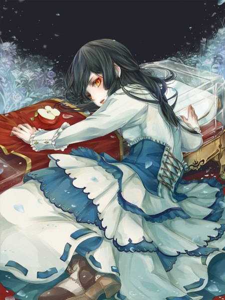 Anime picture 1538x2046 with snow white and the seven dwarfs snow white cartolaio single long hair tall image looking at viewer black hair lying lips orange eyes on side girl dress flower (flowers) ribbon (ribbons) petals shoes rose (roses) buttons