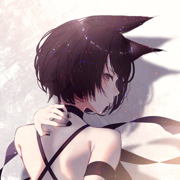 Anime picture 2000x2000 with original kisui single looking at viewer fringe highres short hair black hair simple background animal ears upper body nail polish profile fingernails black eyes cat ears shadow black nail polish arm around neck girl