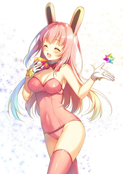 Anime picture 1003x1416 with fate (series) fate/grand order original toosaka asagi single long hair tall image blush fringe breasts open mouth light erotic smile standing bare shoulders animal ears pink hair eyes closed head tilt :d