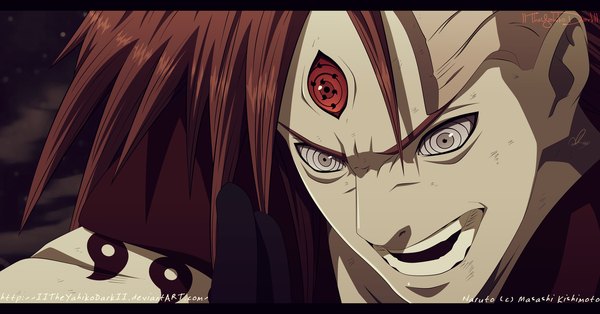 Anime picture 1600x838 with naruto studio pierrot naruto (series) uchiha madara iitheyahikodarkii long hair open mouth red eyes brown hair wide image purple eyes cloud (clouds) night night sky coloring letterboxed close-up face angry rinnegan