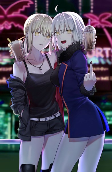 Anime picture 1595x2430 with fate (series) fate/grand order artoria pendragon (all) jeanne d'arc (fate) (all) jeanne d'arc alter (fate) saber alter nipi27 long hair tall image looking at viewer fringe short hair breasts open mouth blonde hair hair between eyes standing multiple girls holding yellow eyes
