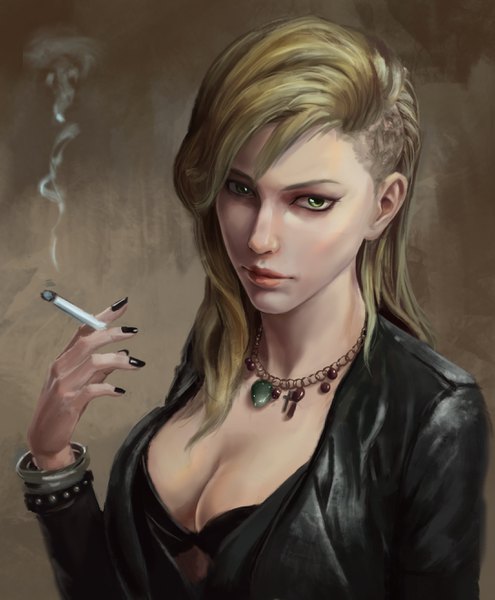 Anime picture 2175x2638 with original san miao single long hair tall image looking at viewer highres breasts light erotic blonde hair holding green eyes cleavage nail polish from above realistic open jacket portrait smoke black nail polish