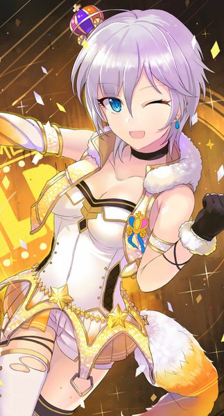 Anime picture 700x1300 with idolmaster idolmaster cinderella girls anastasia (idolmaster) ashita (2010) single tall image looking at viewer fringe short hair open mouth blue eyes hair between eyes silver hair ahoge one eye closed wink sparkle outstretched arm different thighhighs party time gold