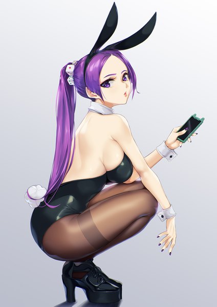 Anime picture 1200x1699 with original blueorca single long hair tall image looking at viewer breasts light erotic simple background large breasts purple eyes holding animal ears payot purple hair full body bent knee (knees) ponytail tail nail polish