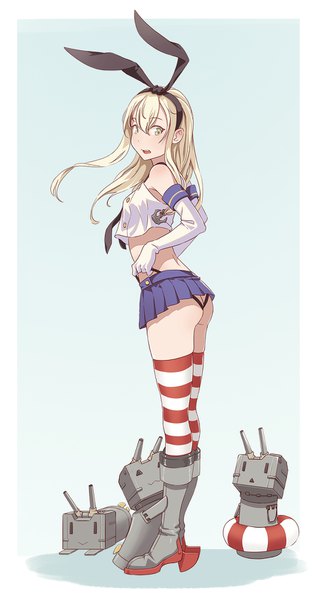 Anime picture 900x1693 with kantai collection shimakaze destroyer rensouhou-chan cheshirrr single long hair tall image looking at viewer fringe open mouth light erotic simple background blonde hair hair between eyes standing bare shoulders green eyes full body pleated skirt midriff